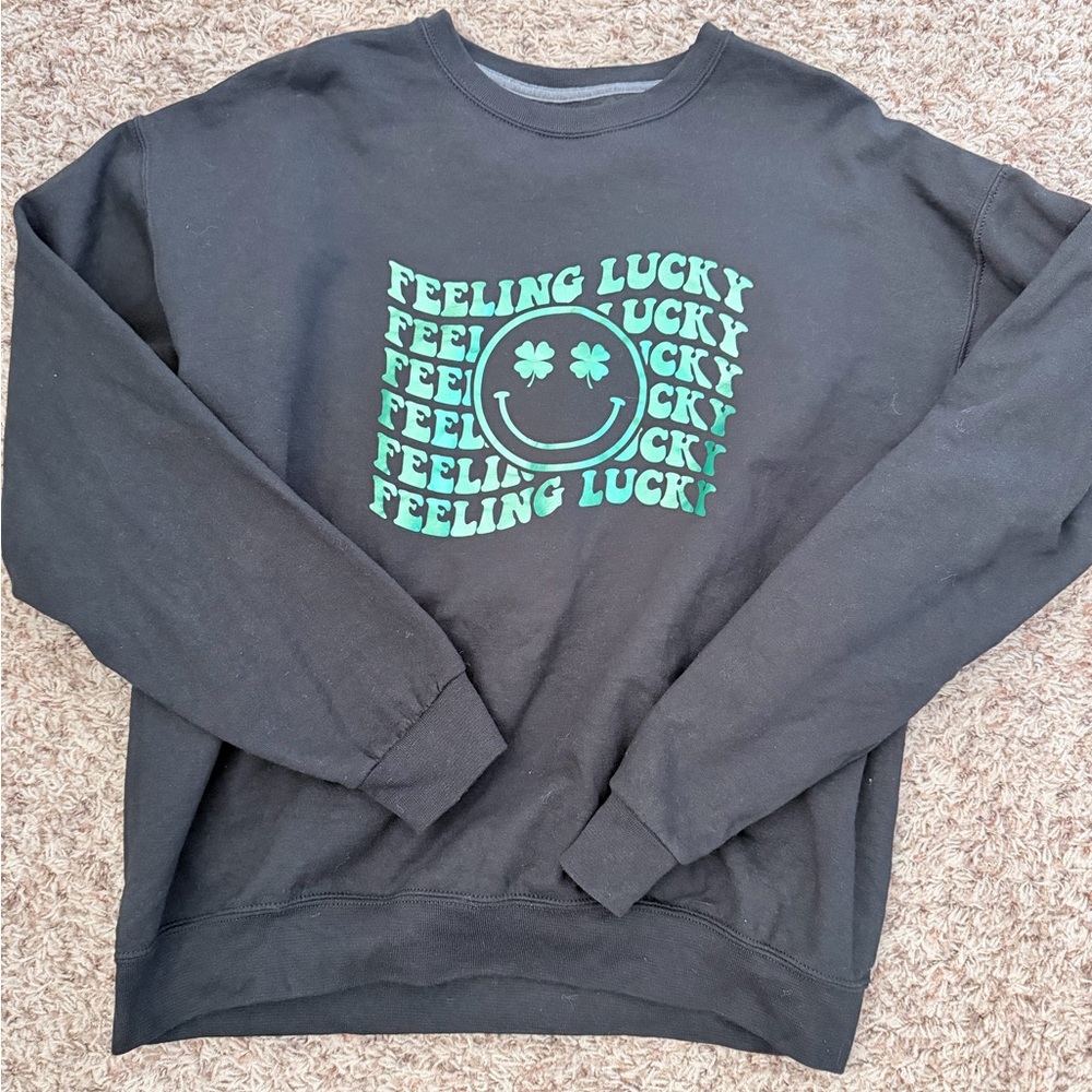 Black Sweatshirt with Green 'Feeling Lucky' Print